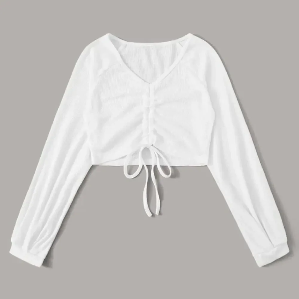 Drawstring front raglan sleeve white crop top size large NWOT (shein)